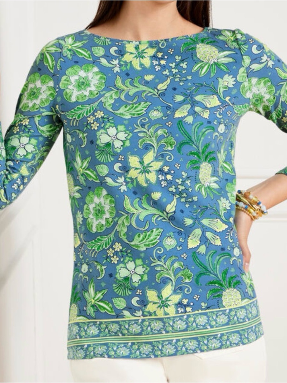 Talbots Blue Floral Boatneck Long Sleeve Top with Green Accents